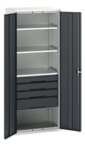 Verso kitted cupboard with 3 shelves, 4 drawers. WxDxH: 800x550x2000mm. RAL 7035/5010 or selected Bott Verso Basic Tool Cupboards Cupboard with shelves